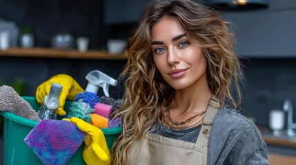 Confident young woman with beaming smile holding green bucket filled with colorful cleaning supplies and cloths, wearing yellow gloves and beige apron