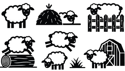 A black and white illustration of sheep in a rural farm setting silhouette