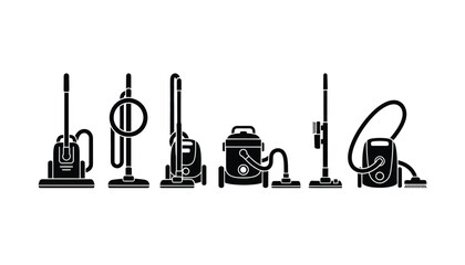 A row of various vacuum cleaners in silhouette on a white background