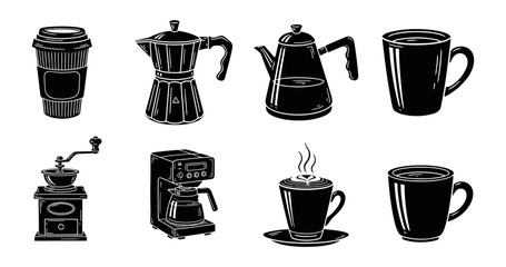Hand Drawn Coffee Shop Elements Coffee Maker Coffee Grinder Coffee Pot Take Away Paper Cups And Mugs
