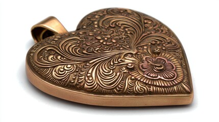 Ornate antique copper heart shaped locket features intricate floral engraving