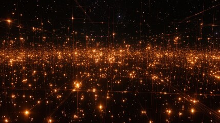 Abstract digital network of glowing orange lights and lines in darkness