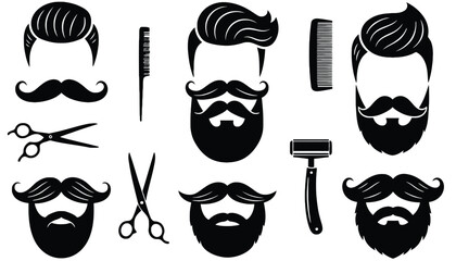 A set of black and white illustrations of men's hairstyles and beards silhouette