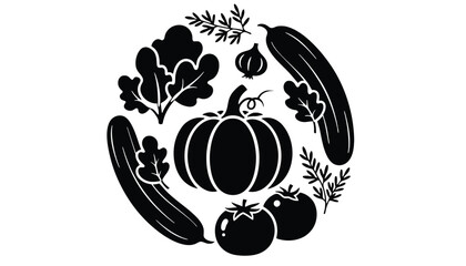 A black silhouette of various vegetables on a white background