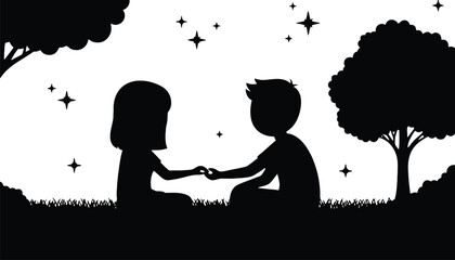 A romantic couple sitting together in a peaceful outdoor setting silhouette