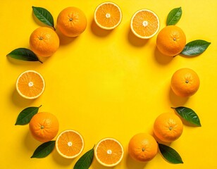 Creative Flat Lay Frame of Fresh Oranges and Green Leaves on Yellow Background with Copy Space