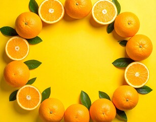 Creative Flat Lay Frame of Fresh Oranges and Green Leaves on Yellow Background with Copy Space