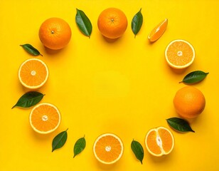 Creative Flat Lay Frame of Fresh Oranges and Green Leaves on Yellow Background with Copy Space