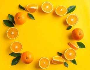 Creative Flat Lay Frame of Fresh Oranges and Green Leaves on Yellow Background with Copy Space