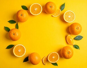 Creative Flat Lay Frame of Fresh Oranges and Green Leaves on Yellow Background with Copy Space