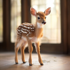 Obraz premium Adorable Fawn Standing Indoors with Soft Natural Light, a Cute Baby Deer with White Spots on Brown Fur