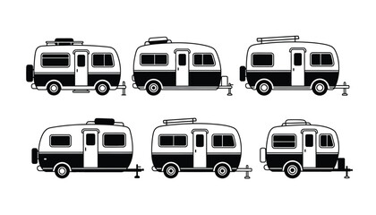 A set of black and white illustrations of various camper van silhouettes