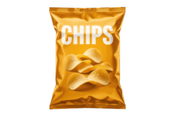 Yellow chip bag with white text and potato chips on front isolated on a transparent background