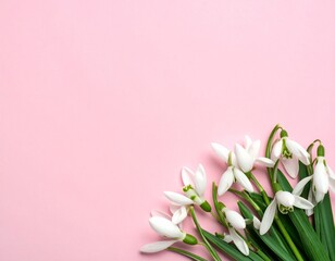 Creative Top View of White Snowdrop Flowers on Pastel Pink Background with Copy Space