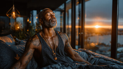 Back view of full-rested african american man wearing pajamas sitting on bed after waking up in the morning, look at window, stretching body, sun flare, copy space. Comfortable healthy sleep concept