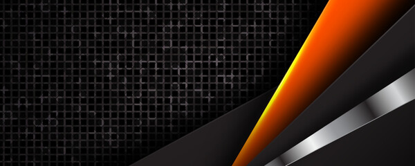 3D black techno abstract background overlap layer on dark space with glowing orange lights effect decoration. Modern graphic design element cutout style concept for web, flyer, card, or brochure cover