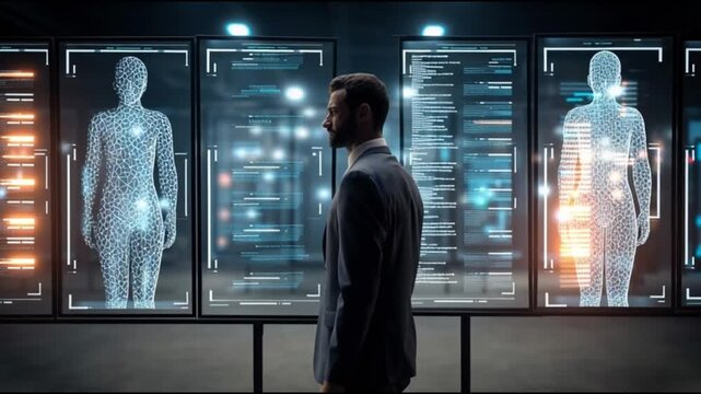 Explainable AI (XAI). Model transparency. Responsible & Ethical AI. Governance. Business intelligence. A person observing holographic displays of human figures