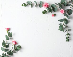 Minimalist Eucalyptus Branches and Pink Roses Flat Lay on White Background with Copy Space