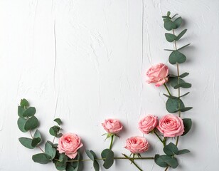 Minimalist Eucalyptus Branches and Pink Roses Flat Lay on White Background with Copy Space