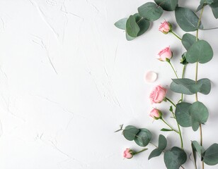 Minimalist Eucalyptus Branches and Pink Roses Flat Lay on White Background with Copy Space