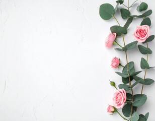 Minimalist Eucalyptus Branches and Pink Roses Flat Lay on White Background with Copy Space