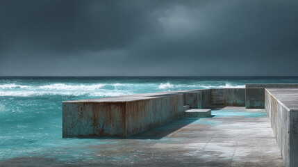 The serene view of a calm sea with the concrete pier in cloudy day