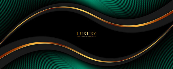 3D green black luxury abstract background overlap layer on dark space with golden wave lines decoration. Modern graphic design element cutout style concept for web, art, flyer, card or brochure cover © Arroyan Art