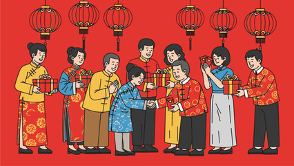 Obraz premium Illustration of a group of people in traditional Chinese clothing exchanging gifts on Chinese's Day with red lanterns in the background, conveying a festive mood.