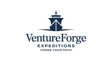 Obraz premium Dark blue ship with Venture Forge Expeditions and Forge Your Path text sailboat VentureForge