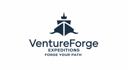 Fototapeta premium Dark blue and white stylized ship with Venture Forge Expeditions text and slogan