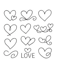 Hand drawn linear hearts set. Various brush, chalk, marker, ink drawn heart shapes. Artistic lines, outlines. Valentine's day uneven, textured edge doodle templates