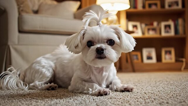 Cute Maltese Dog Relaxing Indoors on Carpeted Floor Near a Cozy Sofa and Bookshelf