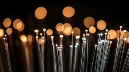 An intricate network of illuminated fiber optic strands glows with bright lights against a dark background
