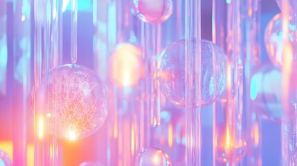 An intricate network of interconnected transparent glass tubes and spheres filled with vibrant and abstract colorful light in a dreamy and ethereal modern design background