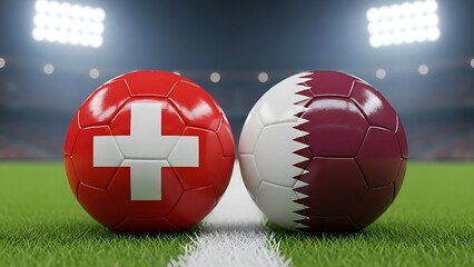 International Football Tournament Match Between Switzerland and Qatar vibrant green pitch under stadium lights, capturing the spirit of international competition."