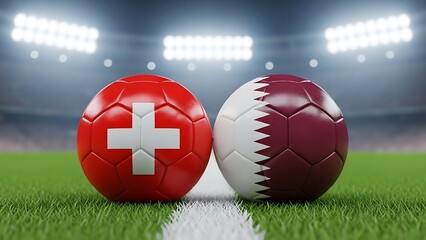 International Football Tournament Match Between Switzerland and Qatar vibrant green pitch under stadium lights, capturing the spirit of international competition."