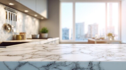 Pristine white marble kitchen countertop with blurred urban apartment window background, bright minimalist surface ideal for product display, advertising, and lifestyle scenes