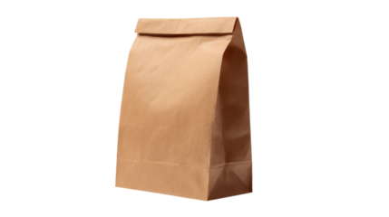 Brown paper bag standing isolated on transparent background, representing takeaway food packaging, grocery items, retail shopping, eco friendly delivery, and sustainable consumerism