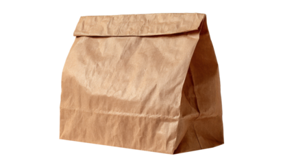 Brown paper bag carrying groceries, lunch, or takeaway food, representing reusability, recycling, and sustainable eco friendly packaging, isolated on a transparent background