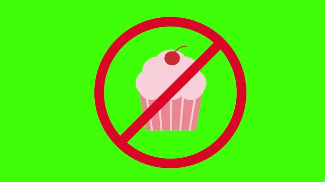 No sweets prohibited sign red circle crossing out cupcake green screen animation