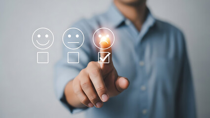 Man interacting with holographic user interface showing options for feedback and positive confirmation