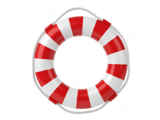 Shiny red and white life preserver ring with rope life ring isolated on a transparent background
