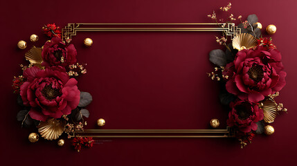 Luxury chinese festive oriental background frame with red flower and golden element on dark maroon background creating elegant celebration border design
