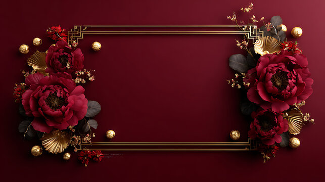 Luxury chinese festive oriental background frame with red flower and golden element on dark maroon background creating elegant celebration border design