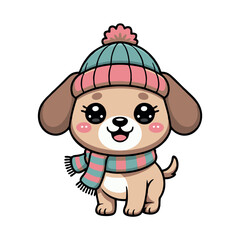 Cute Winter Puppy Cartoon Illustration Wearing Hat and Scarf