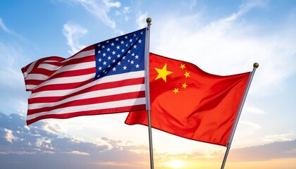 Fototapeta premium China and US flags waving at sunrise