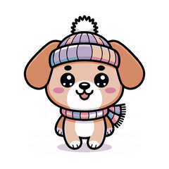 Cute Winter Puppy Cartoon Illustration Wearing Hat and Scarf
