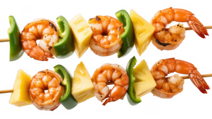 Shrimp and vegetable kebab on two skewers pineapple isolated on a transparent background