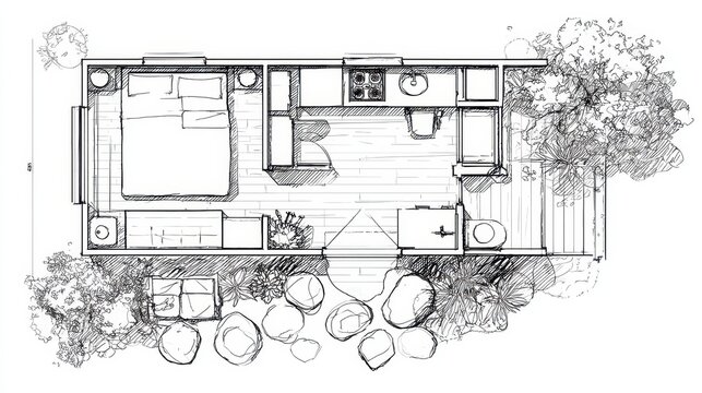 Architectural floor plan sketch displaying a modern studio apartment layout with a sleeping area. Kitchen. Bathroom. Living space. And outdoor patio featuring rocks and plants