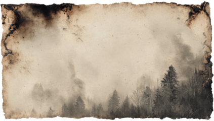 Misty forest seen through old burnt edge paper backdrop